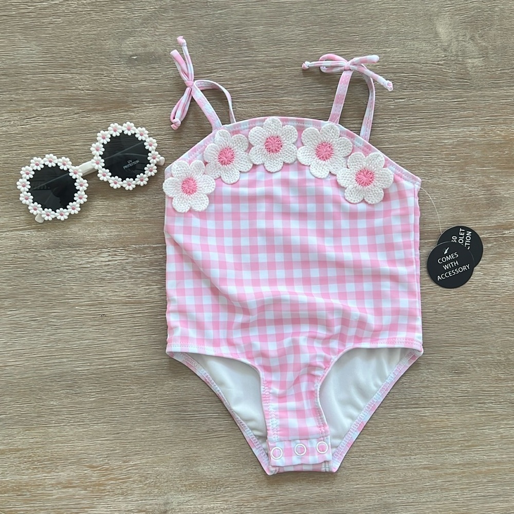 Nicole Miller Pink Gingham Floral One Piece Swimsuit Sunglasses 18 months